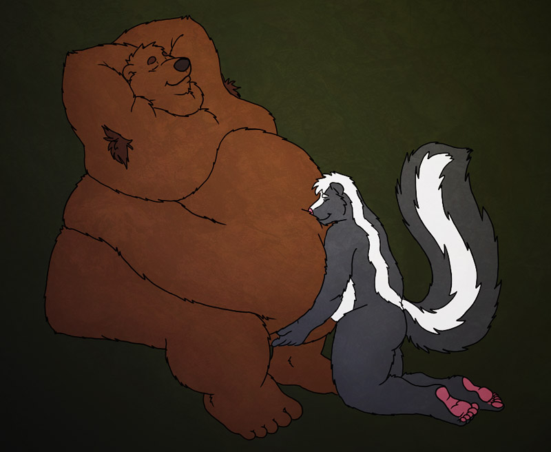 bear belly belly_hug belly_overhang belly_rub chubby cuddle cuddling duo fluffylai hug male mammal morbidly_obese nude obese overweight size_difference skunk snuggle