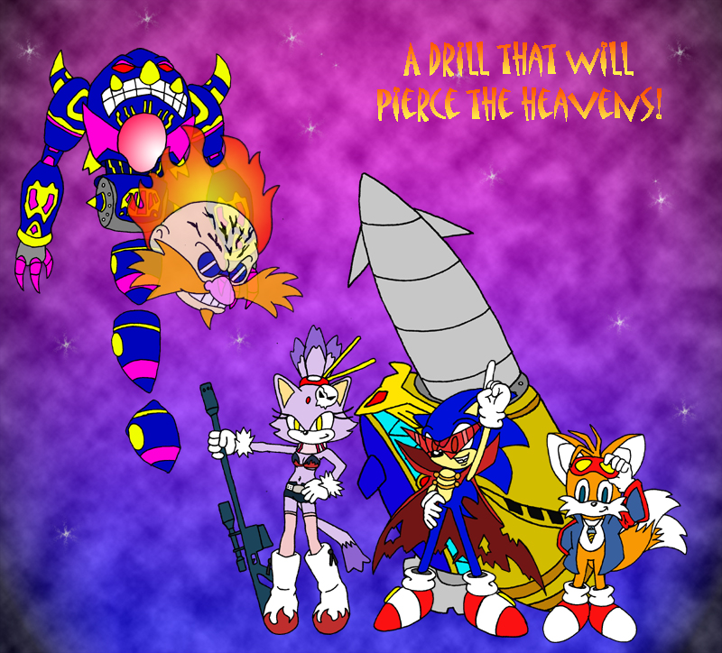 blue blue_body boots canine cape cat clothed clothing cosplay crossover drill eyewear facial_hair feline female fire fox gloves goggles gun hedgehog human machine male mammal mechanical miles_prower multiple_tails mustache necklace orange orange_body outer_space pink_body ponytail purple purple_background ranged_weapon robot robotnik sega shoes skimpy sonic_(series) sonic_the_hedgehog sunglasses tail tengen_toppa_gurren-lagann tengen_toppa_gurren_lagann wakeangel2001 weapon yoko_ritona
