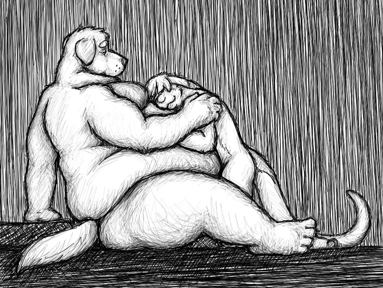 belly belly_hug belly_rub canine cuddle cuddling dog duo fluffylai hug male mammal monochrome mustelid nude obese otter overweight size_difference snuggle