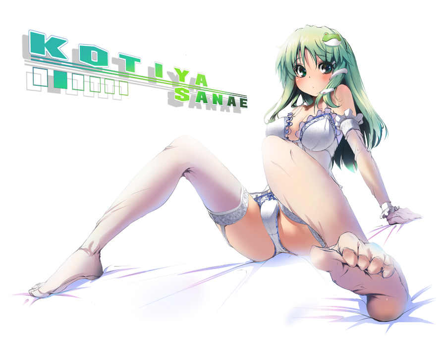 :o arm_support bare_shoulders blush breasts bustier cameltoe character_name cleavage dot_r dutch_angle elbow_gloves feet frills frog garter_straps gloves green_eyes green_hair hair_tubes hips kochiya_sanae kunreishiki leaning_back legs lingerie long_hair looking_at_viewer medium_breasts on_bed panties simple_background sitting snake solo spread_legs strap_gap thighhighs touhou underwear white_background white_gloves white_legwear white_panties