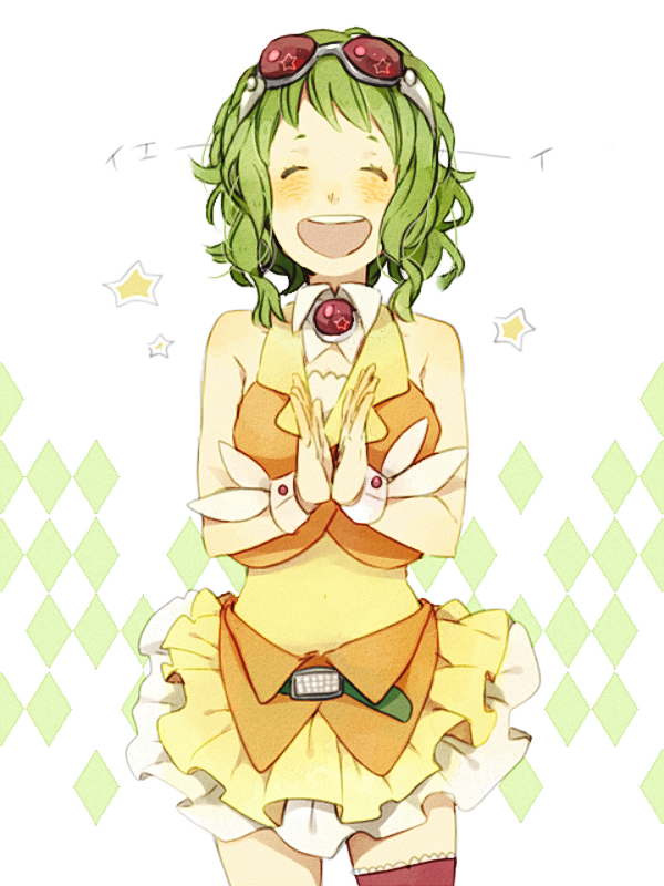 argyle argyle_background bad_id bad_pixiv_id goggles goggles_on_head green_hair gumi hagiwara_hatoba open_mouth short_hair skirt smile solo translated vocaloid wrist_cuffs