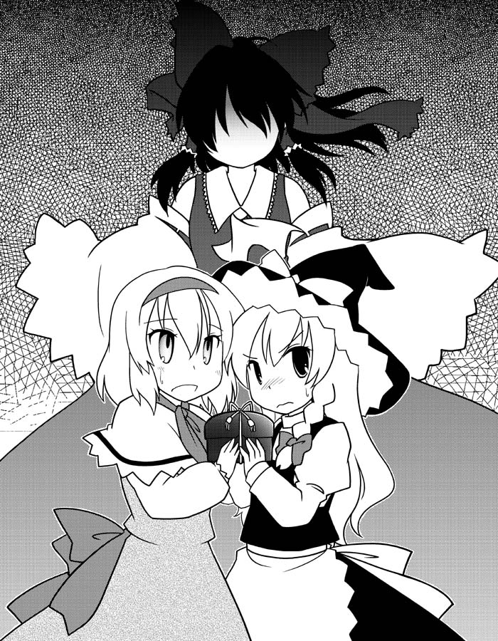 :d alice_margatroid apron bow braid dress faceless faceless_female grey_background greyscale hair_bow hakurei_reimu hat holding kirisame_marisa long_hair looking_at_viewer monochrome multiple_girls open_mouth shaomin short_hair simple_background single_braid smile touhou very_long_hair waist_apron witch_hat yuri