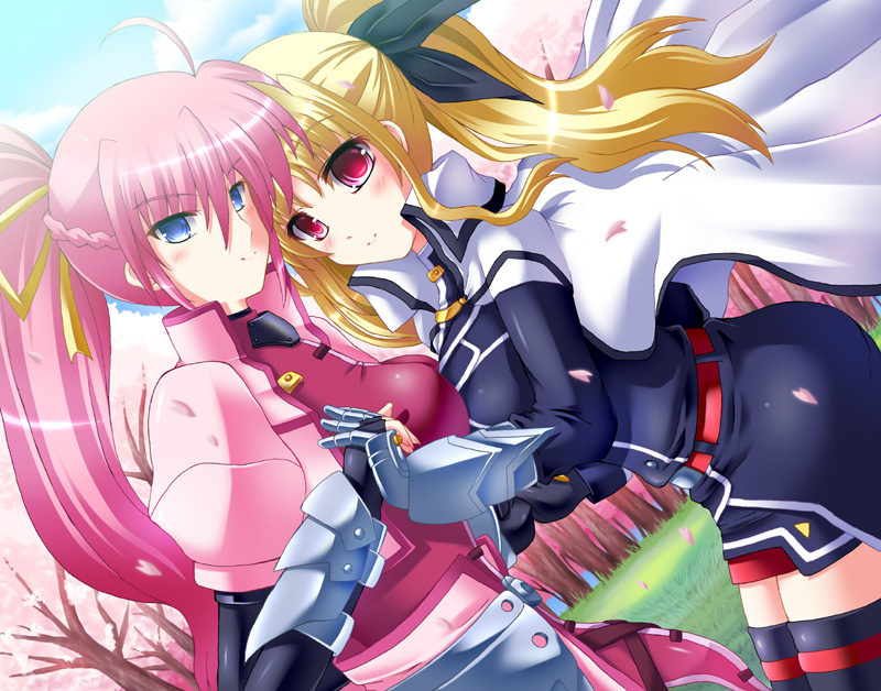 armor blonde_hair blue_eyes breast_press breasts cape cherry_blossoms fate_testarossa hair_ribbon holding_hands long_hair lyrical_nanoha mahou_shoujo_lyrical_nanoha_strikers medium_breasts miniskirt multiple_girls pink_hair ponytail red_eyes ribbon signum skirt symmetrical_docking thighhighs twintails utanone_shion yuri