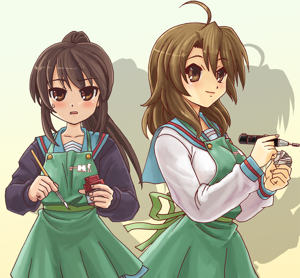 apron bad_id bad_pixiv_id cardigan genderswap genderswap_(mtf) hamoto kita_high_school_uniform koizumi_itsuki koizumi_itsuki_(female) kyonko long_sleeves multiple_girls school_uniform serafuku suzumiya_haruhi_no_yuuutsu