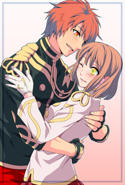 1girl a-a blazer blush brown_hair couple fingerless_gloves formal gloves hetero hug ittoki_otoya jacket nanami_haruka one_eye_closed open_mouth red_eyes red_hair short_hair smile uta_no_prince-sama yellow_eyes