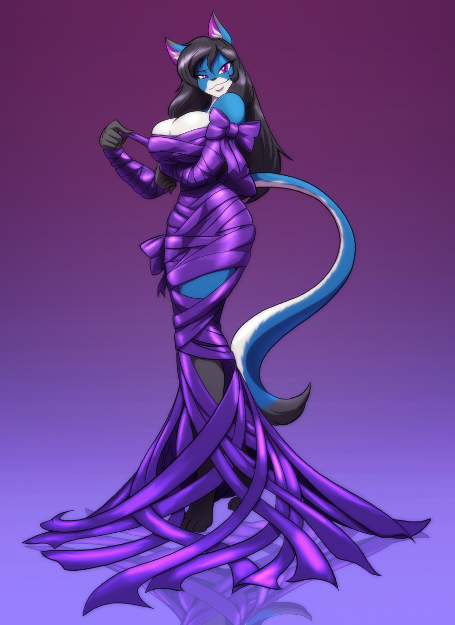 2019 anthro big_breasts black_hair blue_fur bow breasts cat cleavage clothed clothing feline female flavia fur hair hi_res huge_breasts looking_at_viewer mammal pose purple_eyes ribbons solo toughset unwrapping wide_hips