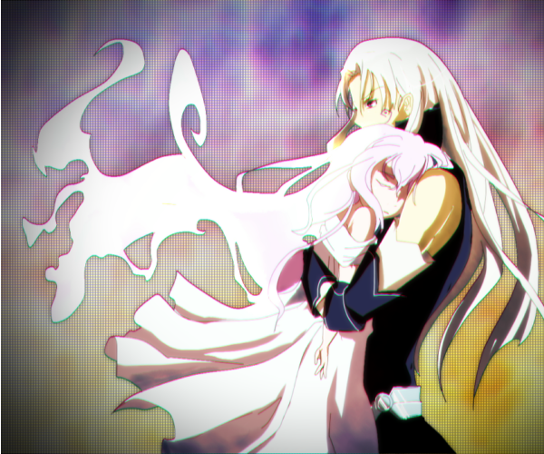 .hack// .hack//zero 2girls age_difference arm_armor aura_(.hack//) bare_arms belt black_dress chromatic_aberration closed_eyes commentary_request curl_(.hack//) curtained_hair detached_sleeves dress facial_mark floating_hair grey_belt grid_background hair_between_eyes high_collar hug long_dress long_hair long_sidelocks multiple_girls off-shoulder_dress off_shoulder purple_background refrai sidelocks single_bare_shoulder sleeveless sleeveless_dress very_long_hair waist_hug white_dress white_hair yellow_background