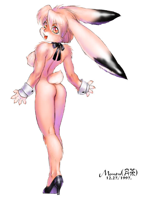 breasts female fur high_heels lagomorph mammal monty nipples pink_eyes pink_fur rabbit ribbons