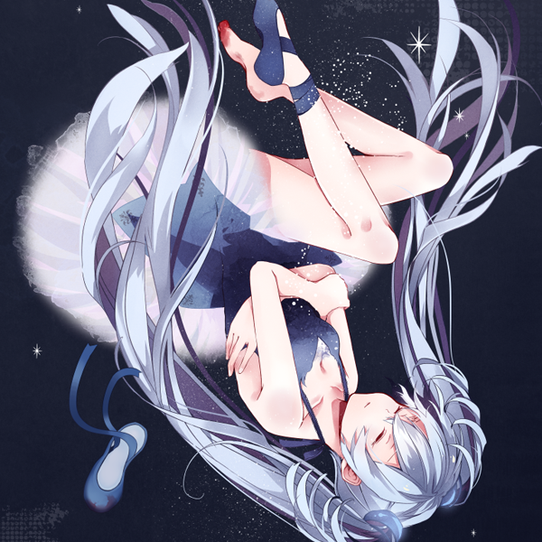 ballerina blue_hair closed_eyes crossed_arms dress fetal_position full_body hatsuko hatsune_miku long_hair plantar_flexion round_around_(vocaloid) slim_legs solo twintails upside-down very_long_hair vocaloid