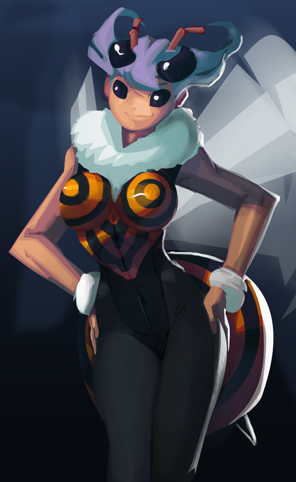 antennae bare_arms bee_girl breasts extra_eyes fur_collar hands_on_hips insect_girl leotard medium_breasts monster_girl morganagod no_lineart pantyhose purple_eyes purple_hair q-bee short_hair sleeveless solo vampire_(game) wings