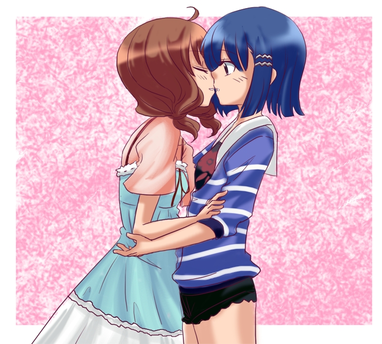 aizawa_yasumi aoi_shiro blue_hair brown_hair closed_eyes imminent_kiss multiple_girls non-web_source osanai_shouko short_hair yuri