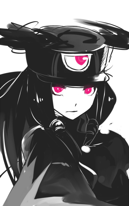 bad_id bad_pixiv_id blazblue glowing glowing_eyes hat hyakuhachi_(over3) monochrome red_eyes solo spot_color tsubaki_yayoi