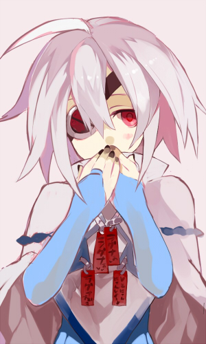 ahoge bad_id bad_pixiv_id blazblue cape eyepatch fingerless_gloves gloves hyakuhachi_(over3) lowres nail_polish nu-13 red_eyes solo white_background white_hair