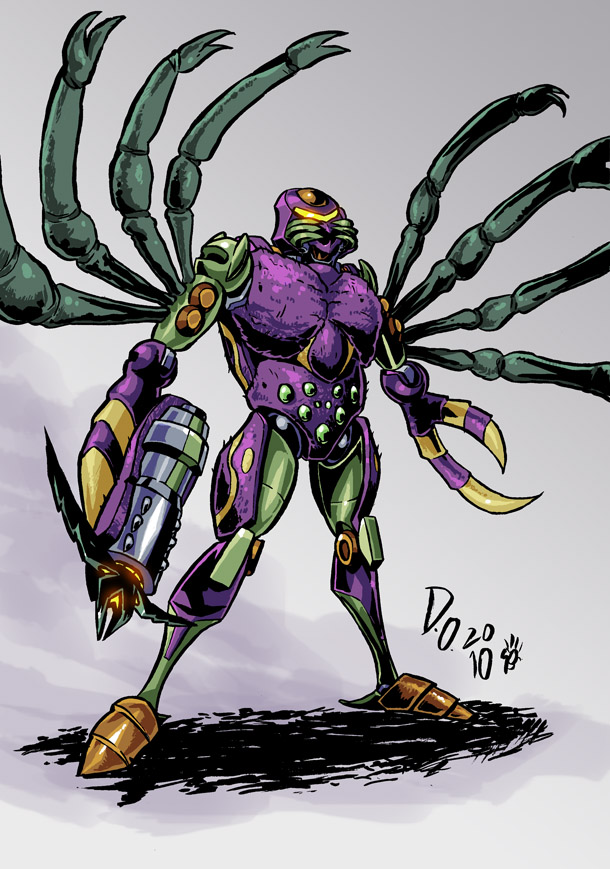 arthropod beast_wars claws gun laugh machine male mechanical multi-colored_body multi_limb multiple_arms predacon purple purple_background ranged_weapon robot shadow solo spider tarantula tarantulas transformers weapon weremole yellow_eyes