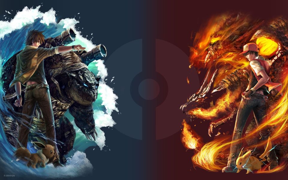 blastoise blue_(character) charizard eevee fire human male mammal nintendo pikachu pok&#233;ball pok&#233;mon pok&eacute;ball pok&eacute;mon r-sraven red_(character) video_games water