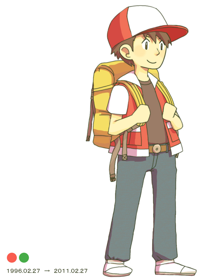 boy kasu_tera pokemon pokemon_(game) pokemon_red_and_green pokemon_rgby red_(pokemon) simple_background smile solo standing