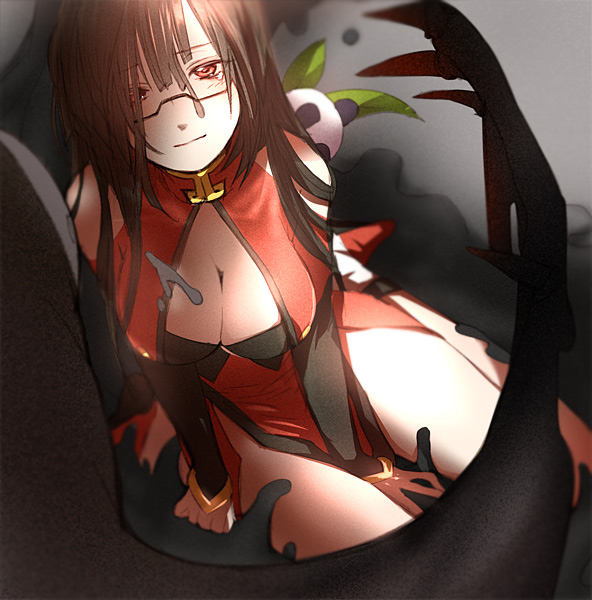 1girl alternate_hairstyle arakune black_hair blazblue bra breasts claws cleavage cleavage_cutout couple detached_sleeves glasses hetero ichihashi_makoto lao_jiu large_breasts lingerie litchi_faye_ling long_hair mask monster pov slime tears underwear very_long_hair