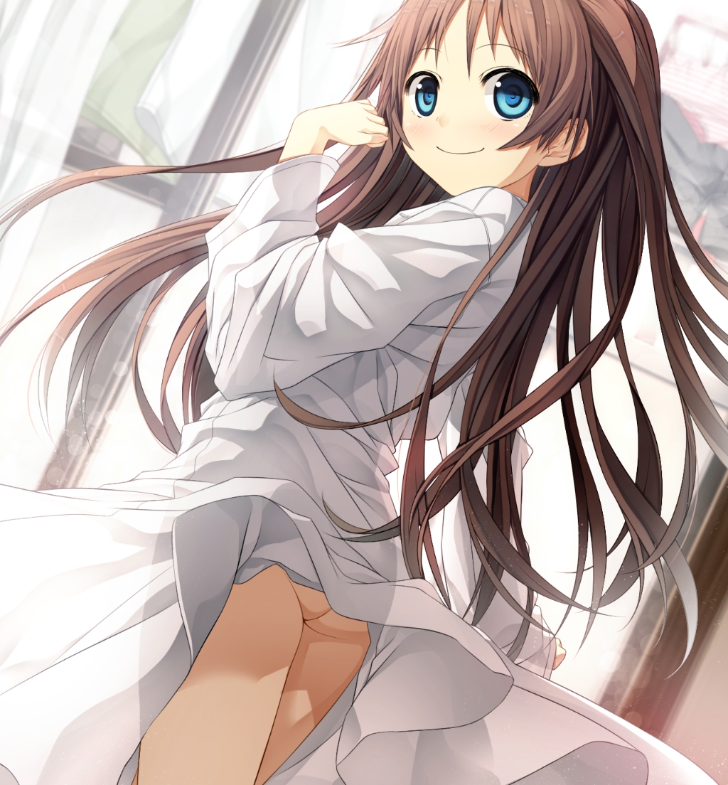 ass blue_eyes bottomless brown_hair cura dress_shirt long_hair looking_back monobeno naked_shirt no_panties sawai_natsuha shirt smile solo standing