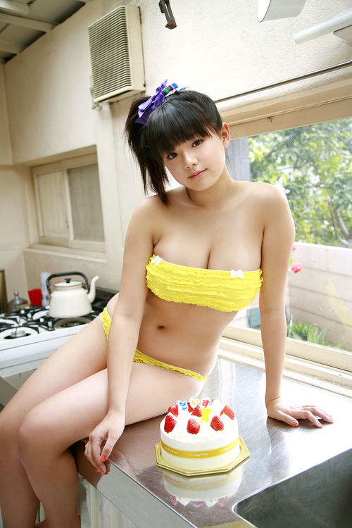 1girl asian black_hair bra breasts cake cleavage food fruit kitchen large_breasts lingerie navel panties photo ribbon short_hair sitting squeezing strawberries strawberry tubetop underwear