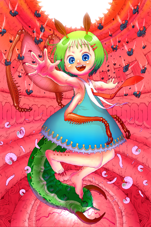1girl 4n animal antenna antennae armpits barefoot blue_eyes blush child claws dress fly flying green_hair insect insect_girl larva missing_tooth monster_girl multi_arm open_mouth outstretched_arms short_hair smile spread_arms teeth wings