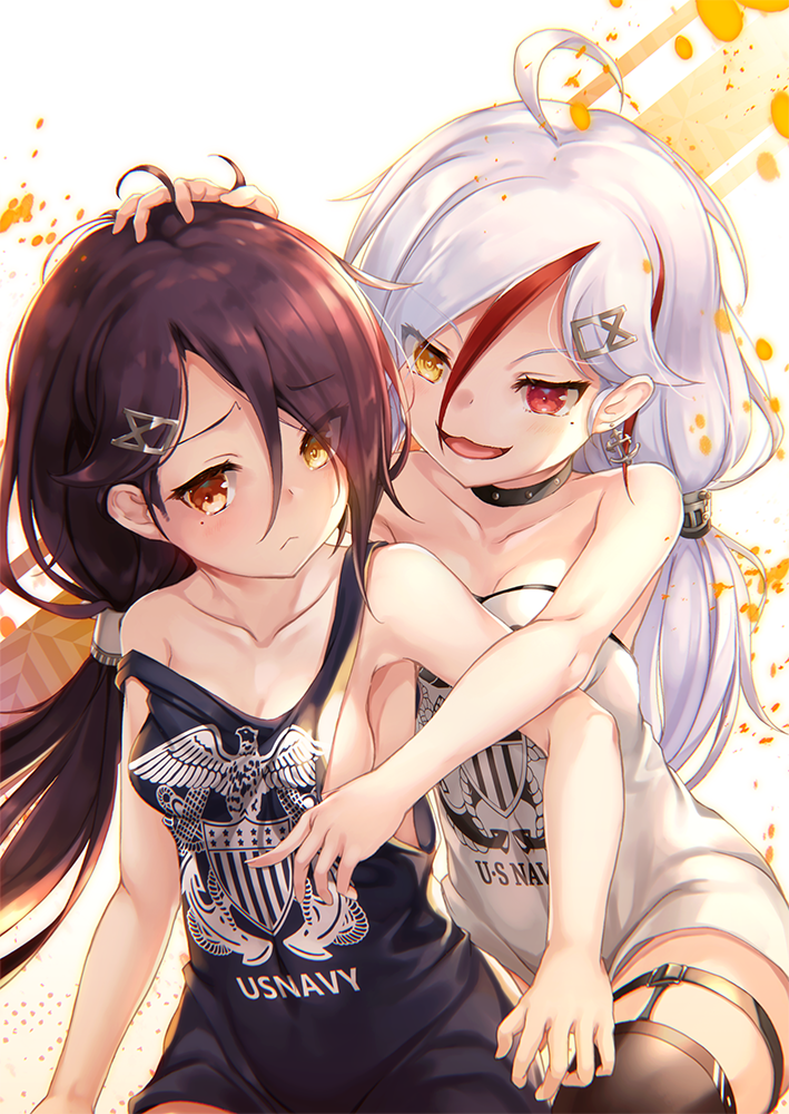 :&lt; ahoge anchor_earrings assisted_exposure azur_lane bare_shoulders black_hair breasts brown_eyes cassin_(azur_lane) cleavage collar collarbone commentary_request cowboy_shot downes_(azur_lane) hair_ornament hairclip hand_on_another's_head heterochromia jewelry kurenai_musume long_hair low_ponytail medium_breasts mole mole_under_eye multicolored_hair multiple_girls no_bra ponytail red_eyes red_hair remodel_(azur_lane) shirt sideboob strap_slip streaked_hair thighhighs two-tone_hair white_hair yellow_eyes