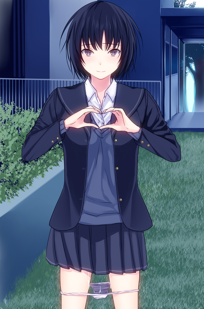 3u amagami bad_id bad_pixiv_id black_hair black_jacket bush heart jacket kibito_high_school_uniform long_sleeves looking_at_viewer messy_hair nanasaki_ai panties panty_pull pleated_skirt purple_eyes pussy_juice pussy_juice_trail railing school_uniform short_hair skirt smile solo tree underwear white_panties