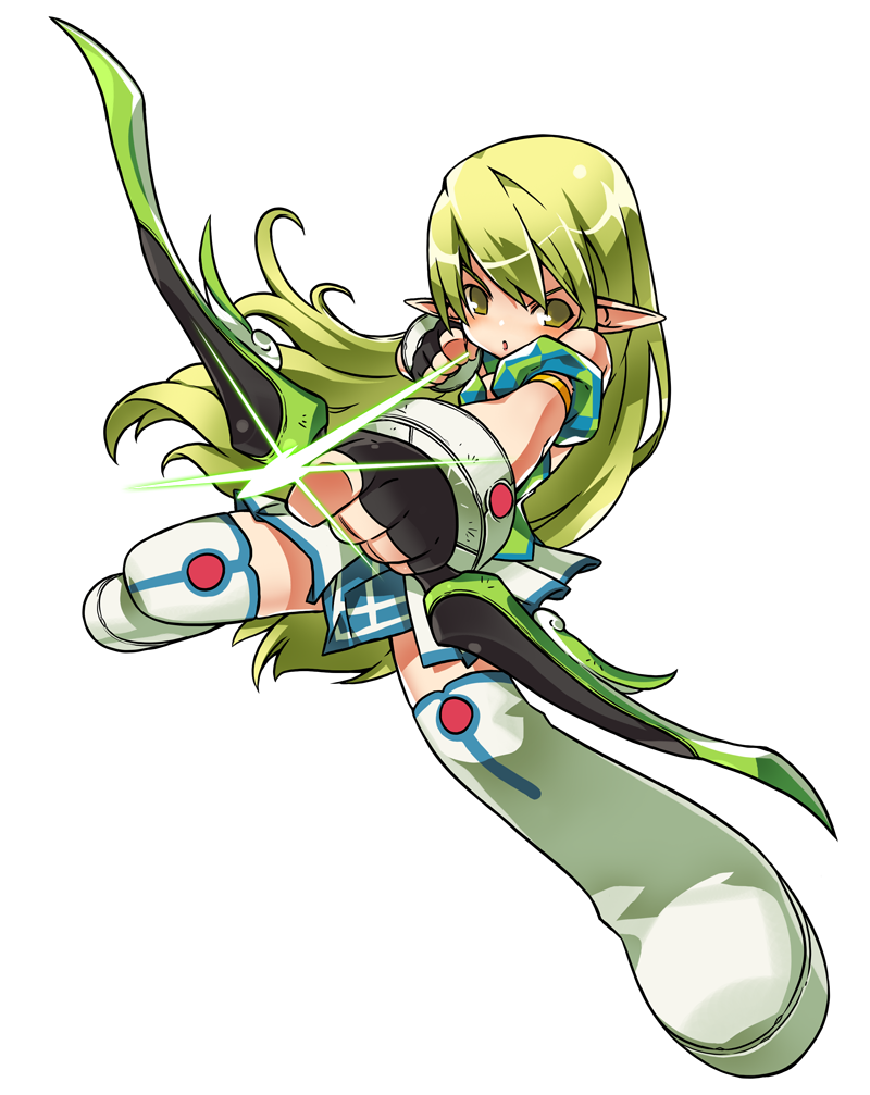 armlet boots bow_(weapon) elsword full_body green_eyes green_hair long_hair no_nose official_art pointy_ears ranger_(elsword) rena_(elsword) ress skirt solo thigh_boots thighhighs transparent_background weapon white_legwear zettai_ryouiki