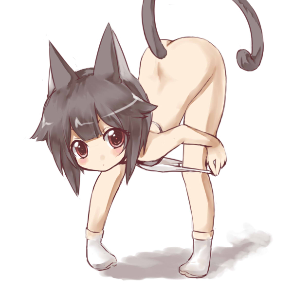 animal_ears ass blush bra cat_ears cat_tail catgirl female footwear lingerie panties panty_pull simple_background socks solo tail underwear