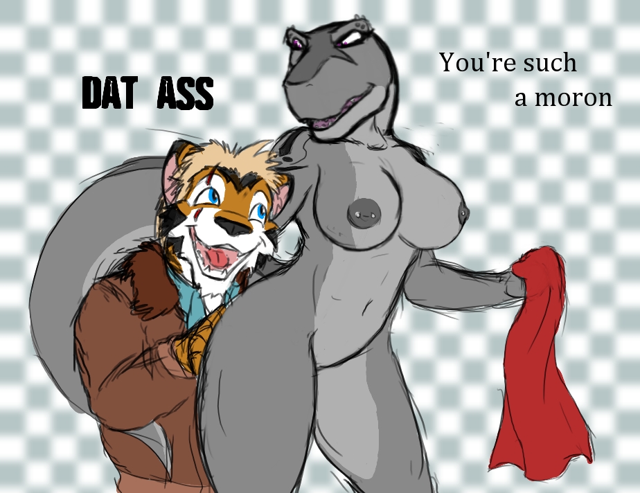 anthro big_breasts breasts couple dialog dialogue dinosaur drake_tigerclaw duo feline female male mammal navel nipple_piercing nipples nude piercing pussy reptile scalie stripes text tiger towel tyrannosaurus_rex vasha_vinodragova