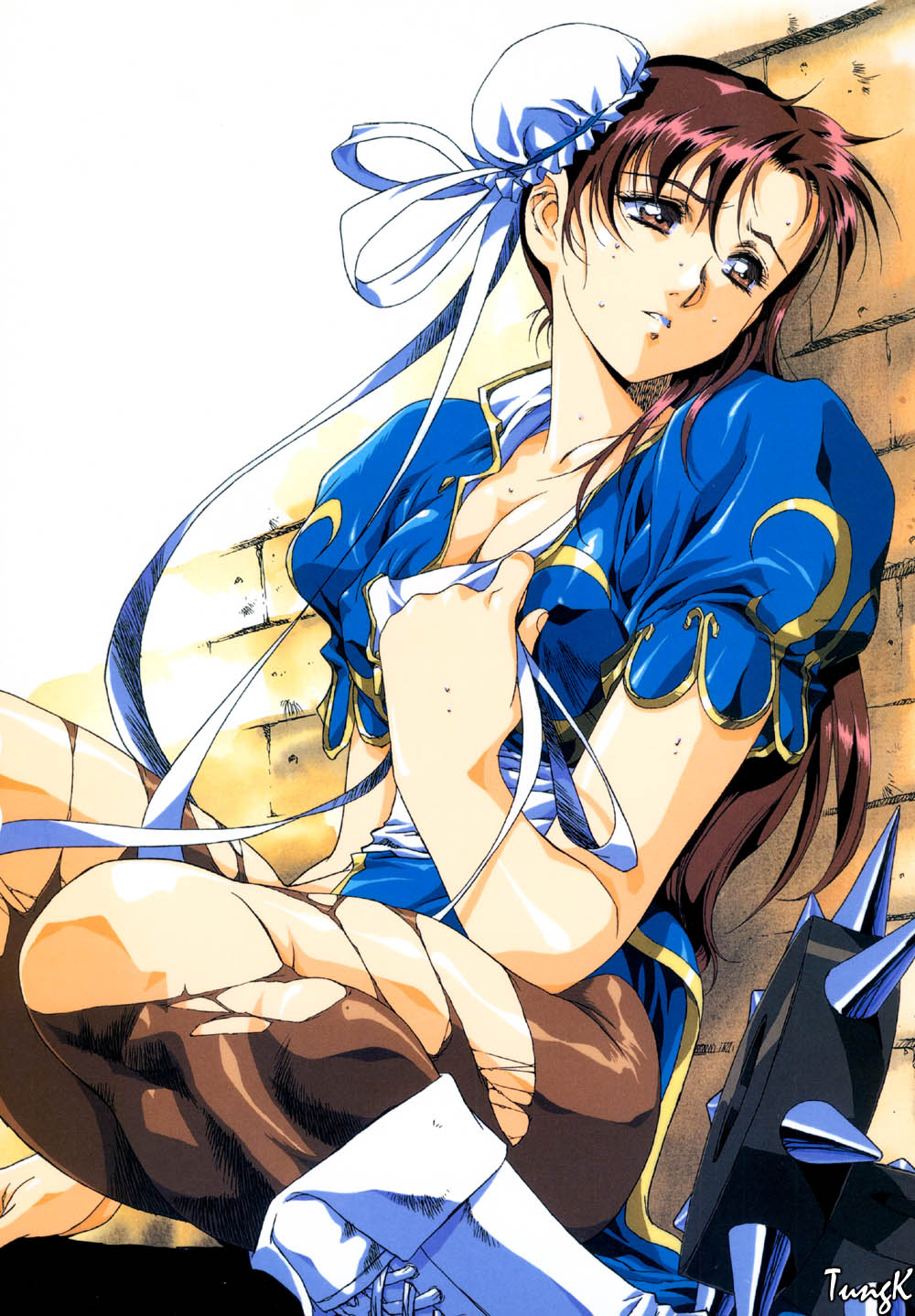 breasts brown_eyes brown_hair bun_cover china_dress chinese_clothes chun-li dress highres large_breasts pantyhose ribbon sitting solo street_fighter sweat torn_clothes torn_legwear urushihara_satoshi