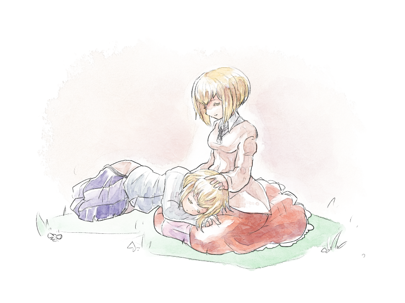 ada_clover blazblue blonde_hair citolo closed_eyes dress ignis_clover lap_pillow mother_and_daughter multiple_girls seiza short_hair sitting spoilers younger