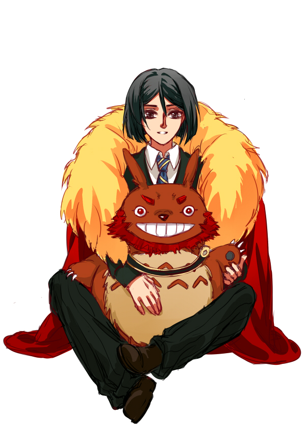 animalization bad_id bad_pixiv_id beard black_eyes black_hair bob_cut cape crossover eyebrows facial_hair fate/zero fate_(series) fusion male_focus necktie red_hair rider_(fate/zero) simple_background tonari_no_totoro totoro waver_velvet white_background yushouxidengjilang