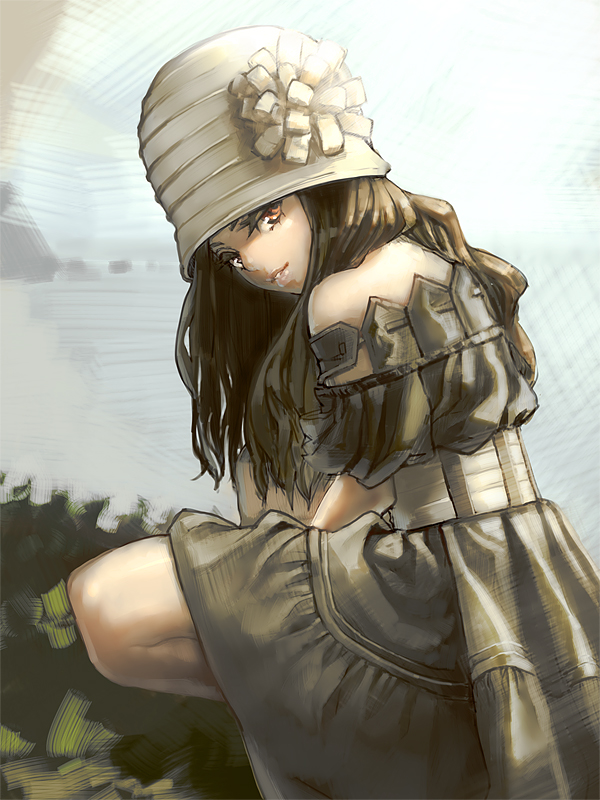 aro_(charged_time_out) bad_id bad_pixiv_id bare_shoulders brown_eyes brown_hair cloche_hat dress hat long_hair original solo