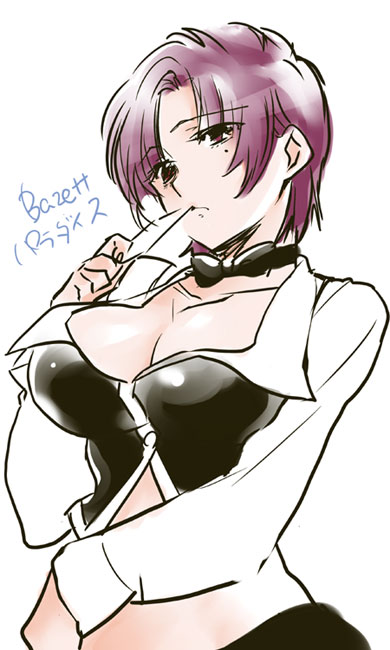 bazett_fraga_mcremitz bow bowtie breasts card card_in_mouth character_name cleavage cleavage_cutout cosplay crop_top croupier fate/hollow_ataraxia fate_(series) kifumi large_breasts midriff mole mole_under_eye mouth_hold purple_hair rio_rollins rio_rollins_(cosplay) solo super_blackjack vest yellow_eyes