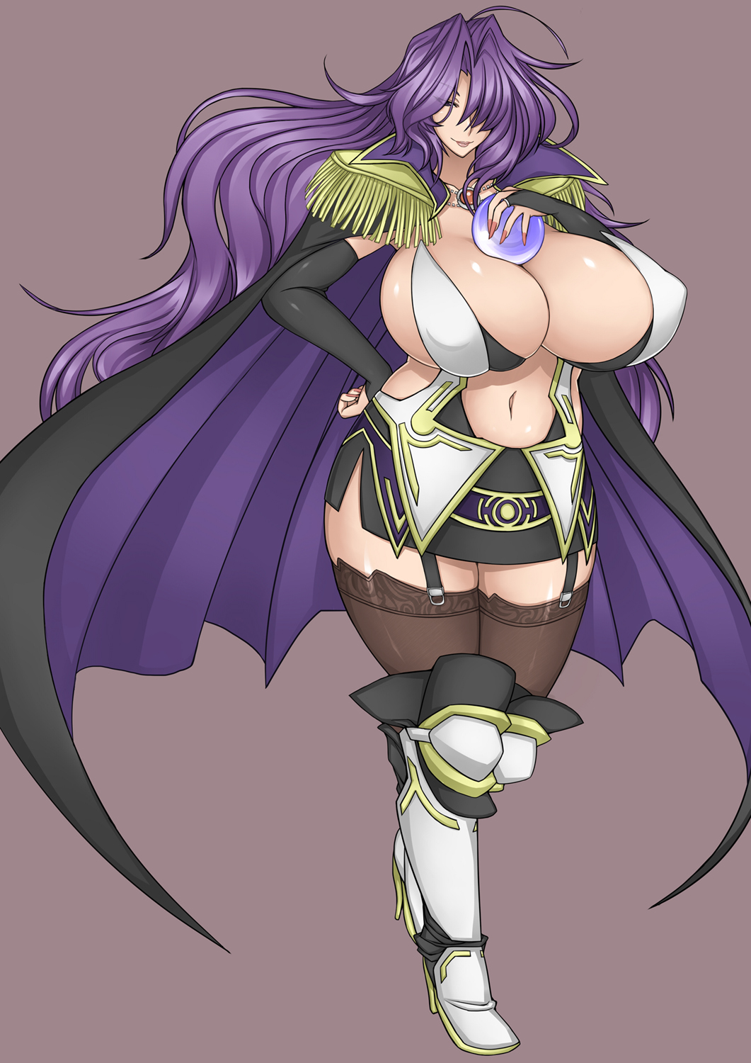 1girl boots breasts cloak curvy elbow_gloves female garter_belt garter_straps gloves heels high_heels highres huge_breasts jewelry long_hair milf miniskirt navel necklace nipples original otogi_tetsurou puffy_nipples purple_hair shoes short_skirt simple_background skirt solo standing stocking thighhighs thighs