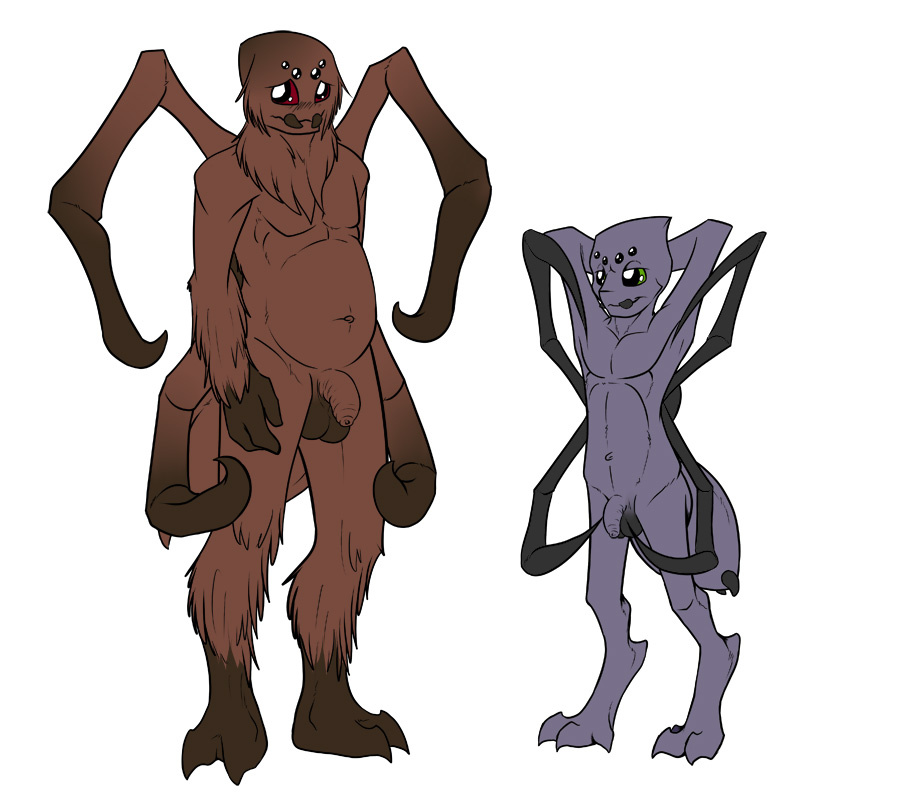 anthro blush brown_eyes chubby cute fangs fur green_eyes male multiple_eyes overweight penis size_difference spider sydneysnake tarantula thorax weird