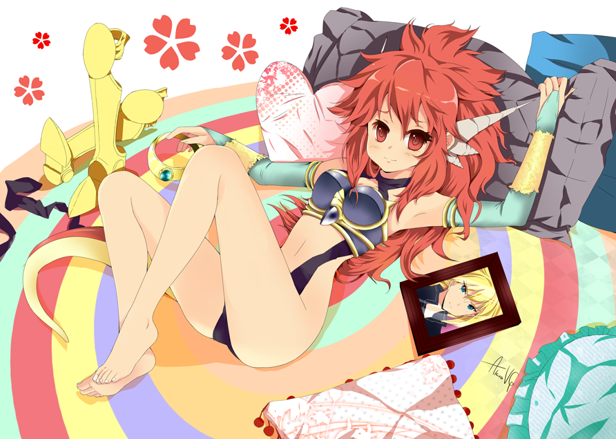 alci-chan armor armpits barefoot big_hair bridal_gauntlets cameo dick_saucer dragon_half feet frame heart heart_pillow horns long_hair lying mink_(dragon_half) pillow red_eyes red_hair signature