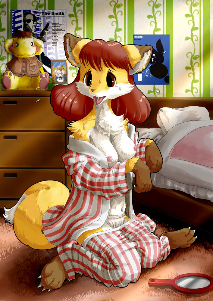 breasts canine claws ears edmol female fox fur mammal mirror pajamas paws pyjamas tail transformation