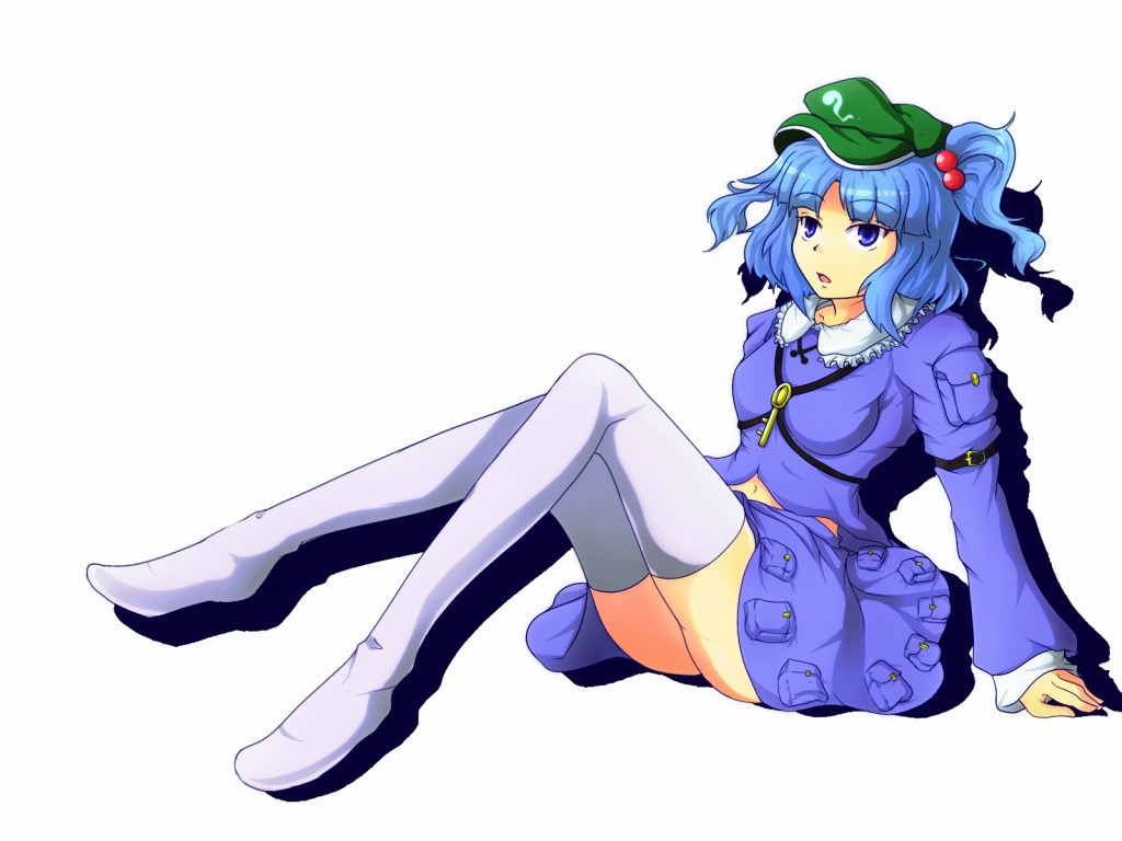 arm_support bad_id bad_pixiv_id blue_eyes blue_hair breasts full_body hair_bobbles hair_ornament hat kawashiro_nitori key medium_breasts navel open_mouth simple_background skirt solo thighhighs touhou two_side_up white_background white_legwear yoshida_tatsumi