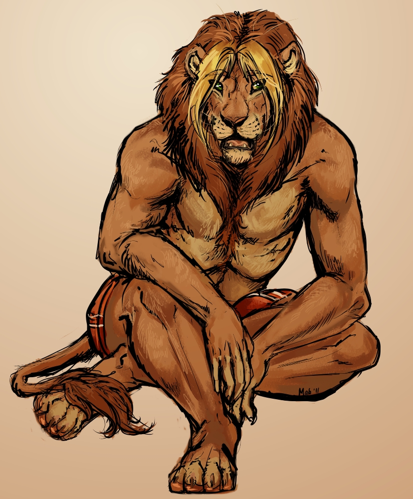 clothing crossed_legs feline green_eyes hair half-dressed lion mab male mammal mane open_mouth shorts sitting solo tail toned topless two_color_hair two_tone_hair