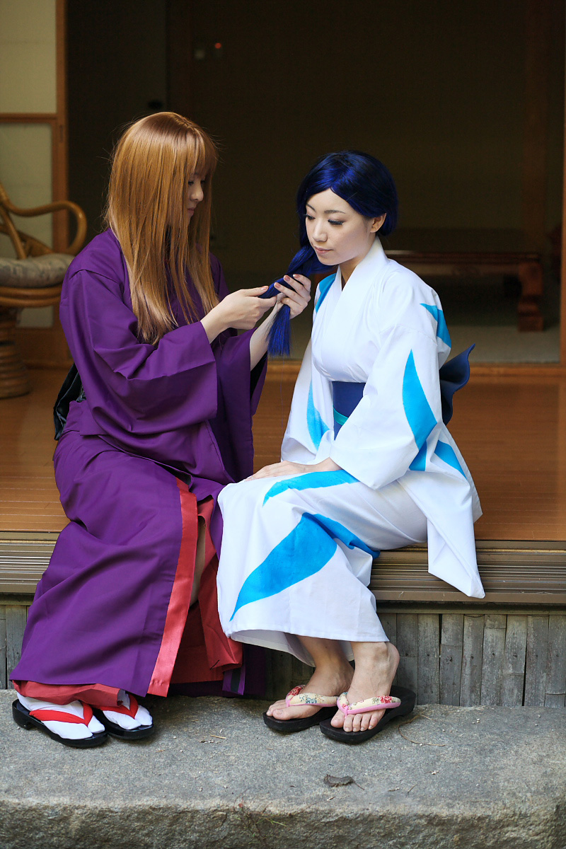 blue_hair braiding cosplay fujino_shizuru highres japanese_clothes kimono kuga_natsuki mai_hime miyuki moto my-hime photo yukata