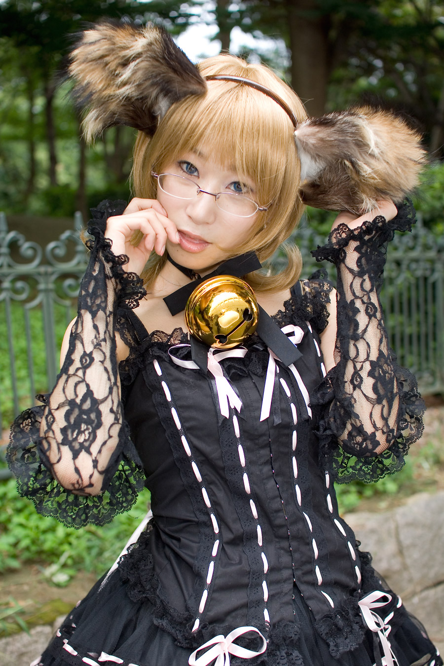 animal_ears bell blonde_hair cosplay dog_ears dress glasses highres lace minazuki_rui photo