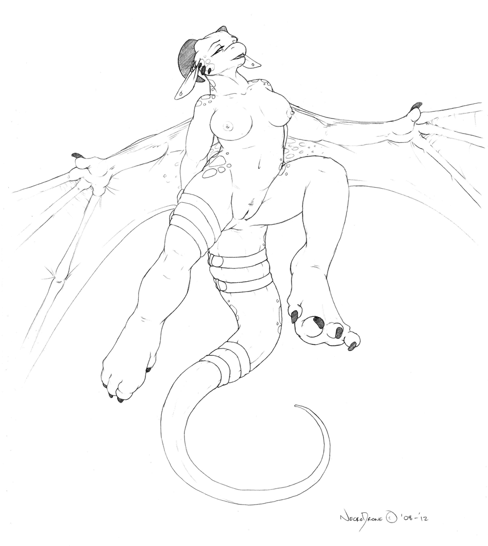 anthro black_and_white breasts dragon ear_piercing earring female horn monochrome necrodrone necrodrone_(character) nipples nude piercing pussy scalie sketch solo wings