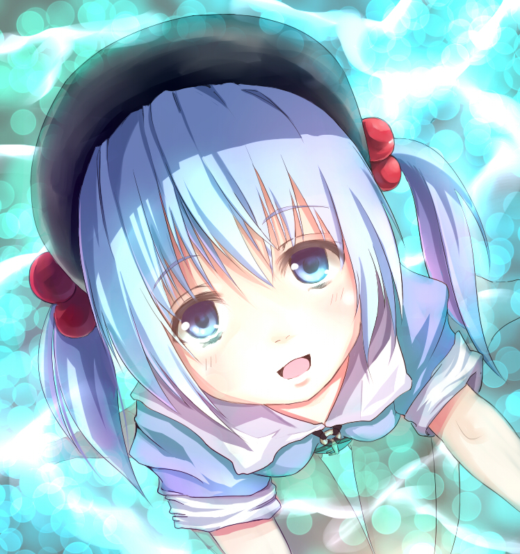 blue_eyes blue_hair breasts canae0 dress face from_above hair_bobbles hair_ornament hat kawashiro_nitori key short_hair sitting small_breasts smile solo touhou twintails wariza water
