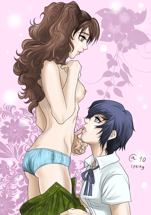2girls ass atlus bare_shoulders blue_eyes blue_hair blue_panties blush breasts brown_eyes brown_hair butt_crack chin_grab clothed_on_nude kujikawa_rise long_hair megami_tensei multiple_girls nipples panties parted_lips persona persona_4 shin_megami_tensei shiny shiny_skin shirogane_naoto short_hair sideboob skirt skirt_pull smile topless twintails underwear undressing yuri
