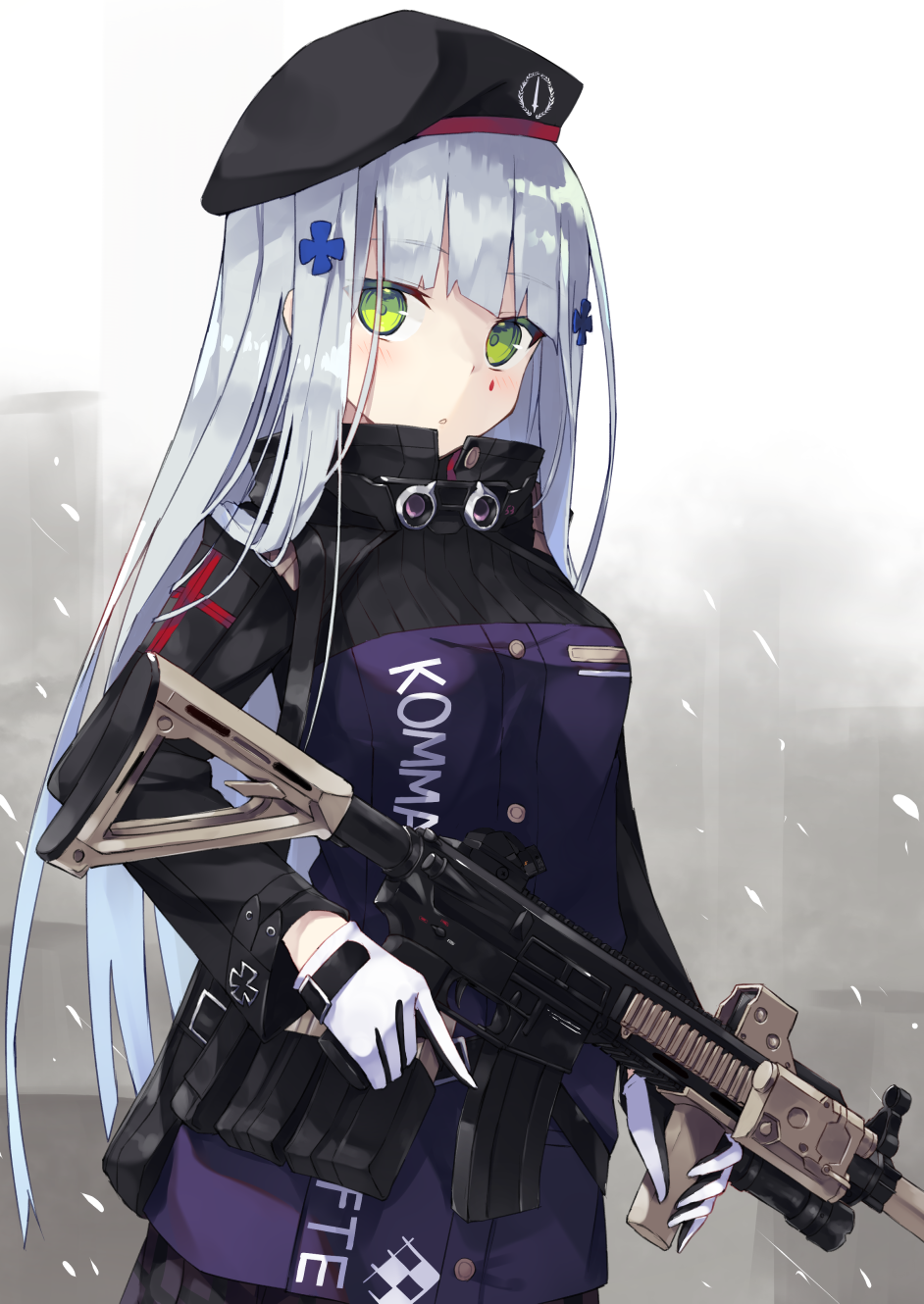 assault_rifle bangs beret blunt_bangs blush breasts clothes_writing commentary_request eyebrows_visible_through_hair facial_mark girls_frontline gloves green_eyes gun hair_ornament hat heckler_&amp;_koch highres hk416 hk416_(girls_frontline) holding holding_gun holding_weapon iron_cross long_hair looking_at_viewer medium_breasts military military_uniform nagishiro_mito open_mouth parted_lips revision rifle sidelocks silver_hair skirt snow snowing solo standing teardrop trigger_discipline uniform weapon white_gloves wind