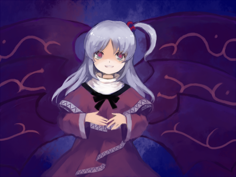 capelet dress hair_bobbles hair_ornament hko long_hair open_mouth red_capelet red_eyes shinki side_ponytail silver_hair smile solo touhou wings
