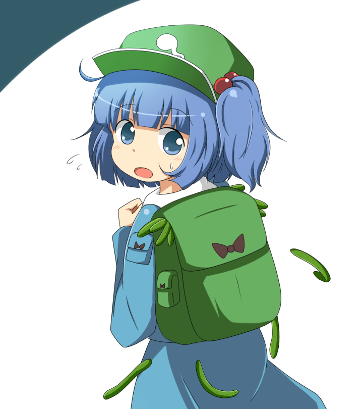 backpack bag blue_eyes blue_hair bow cucumber hair_bobbles hair_ornament hat kawashiro_nitori mikan_imo open_mouth short_hair skirt skirt_set solo sweatdrop touhou two_side_up