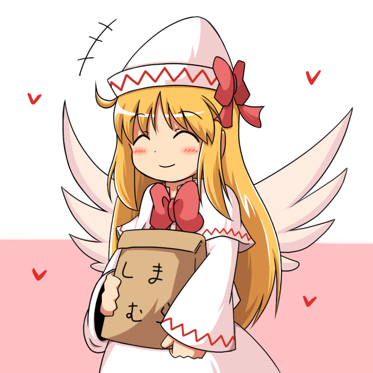 ^_^ bag blonde_hair bow closed_eyes dress hat heart lily_white long_hair mikan_imo shopping_bag smile solo touhou wings