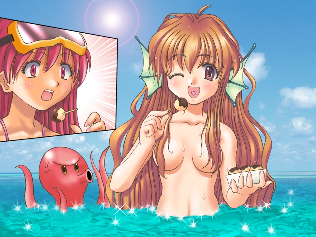 :d animal_ears artist_request character_request food goggles head_fins heart heart_in_mouth multiple_girls non-web_source octopus one_eye_closed open_mouth orange_hair red_eyes red_hair smile source_request takoyaki techgian topless water